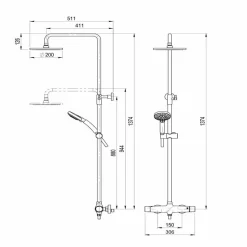 Columna De Ducha Mezcladora 200mm Abs, Flexo Inox Y Maneral Pysa 5 Funciones Cromo – Livra – Galindo – 49650100