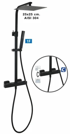 Columna De Ducha Qus Con Termostática, Rociador Acero Inoxidable AISI304 De 25×25 Cm. – 20QUC25QUD05 – AQG