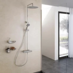 Columna Ducha Termostática Aroha Lux Blanco Cuerpo Frío Rociador 300 Mm Inox, Flexo Pvc Y Maneral – 46059503 – Galindo – LuxCover