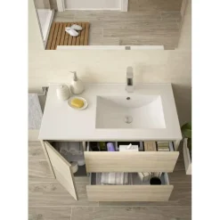Conjunto Completo Mueble Suspendido De 2 Cajones Y Puerta Izquierda 850 Mm + Lavabo De Porcelana – Noja – Salgar
