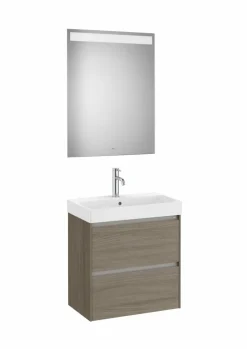 Conjunto De Mueble Base Compacto De Dos Cajones Con Fondo De 36 Cm, Lavabo Y Espejo Eidos Con Luz LED Integrada En La Parte Superior – Ona – Roca