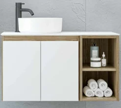 Conjunto Mueble De Baño Suspendido 2 Puertas Y Modulo 2 Huecos Unidos Por Tapa Quadra SolidCoat Surface Con Lavabo Sobre Encimera Solid Surface Kaury – Serie Life – Baños10