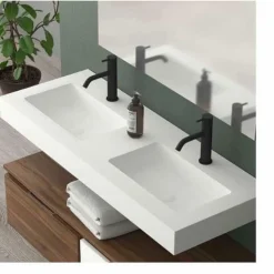 Encimera Suspendida SolidCoat Surface Quadra Textura Silken 2 Senos Blanco – Baños10