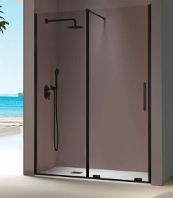 Mampara De Ducha Frontal Fijo + Puerta Corredera Deslizable Por La Parte Inferior Perfil Negro – Moka – MK102 – Kassandra