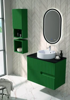 Mueble Suspendido 2 Cajones Frente Fresado De MDF 22 Mm Acabado Oliva + Lavabo Cerámico Grosor 1,7 Cm Blanco Brillo – Abi – DP Baños