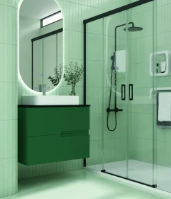 Mueble Suspendido 2 Cajones Frente Fresado Liso De MDF 22 Mm Acabado Oliva + Lavabo Cerámico Grosor 1,7 Cm Blanco Brillo – Sia – DP Baños