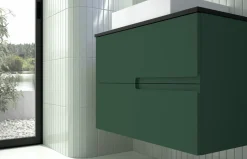 Mueble Suspendido 2 Cajones Frente Fresado Liso De MDF 22 Mm Acabado Oliva + Lavabo Cerámico Grosor 1,7 Cm Blanco Brillo – Sia – DP Baños