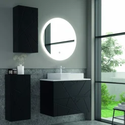 Mueble Suspendido 2 Cajones Frente Fresado Liso De MDF 22 Mm Acabado Negro + Lavabo Cerámico Grosor 1,7 Cm Blanco Brillo – Gurla – DP Baños