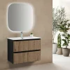 Mueble Suspendido 2 Cajones Con Frontal Recubierto Negro Mate/roble Rústico Y Lavabo Ceramico – Priscille – Muebles Jumar
