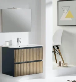 Mueble Suspendido 2 Cajones Con Frontal Recubierto Negro Mate/roble Rústico Y Lavabo Ceramico – Priscille – Muebles Jumar