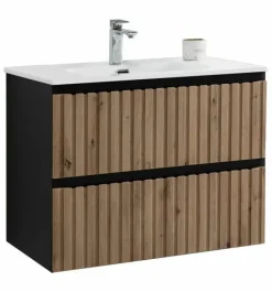 Mueble Suspendido 2 Cajones Con Frontal Recubierto Negro Mate/roble Rústico Y Lavabo Ceramico – Priscille – Muebles Jumar