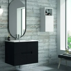 Mueble Suspendido 2 Cajones Frente Fresado De MDF 22 Mm Acabado Negro + Lavabo Cerámico Grosor 1,7 Cm Blanco Brillo – Kamet- DP Baños
