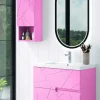 Mueble Suspendido 2 Cajones Frente Fresado Liso De MDF 22 Mm Acabado Rosa + Lavabo Cerámico Grosor 1,7 Cm Blanco Brillo – Gurla – DP Baños