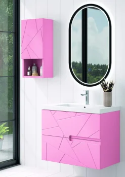 Mueble Suspendido 2 Cajones Frente Fresado Liso De MDF 22 Mm Acabado Rosa + Lavabo Cerámico Grosor 1,7 Cm Blanco Brillo – Gurla – DP Baños