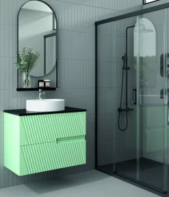 Mueble Suspendido 2 Cajones Frente Fresado Liso De MDF 22 Mm Acabado Mint + Lavabo Cerámico Grosor 1,7 Cm Blanco Brillo – Saser – DP Baños