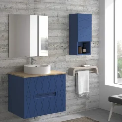 Mueble Suspendido 2 Cajones Frente Fresado De MDF 22 Mm Acabado Océano + Lavabo Cerámico Grosor 1,7 Cm Blanco Brillo – Nanda – DP Baños