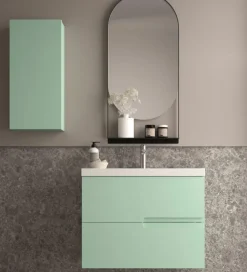 Mueble Suspendido 2 Cajones Frente Fresado Liso De MDF 22 Mm Acabado Mint + Lavabo Cerámico Grosor 1,7 Cm Blanco Brillo – Sia – DP Baños