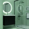 Mueble Suspendido 2 Cajones Frente Fresado Liso De MDF 22 Mm Acabado Negro + Lavabo Cerámico Grosor 1,7 Cm Blanco Brillo – Maná – DP Baños