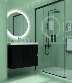 Mueble Suspendido 2 Cajones Frente Fresado Liso De MDF 22 Mm Acabado Negro + Lavabo Cerámico Grosor 1,7 Cm Blanco Brillo – Maná – DP Baños