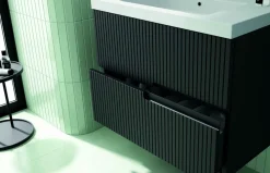 Mueble Suspendido 2 Cajones Frente Fresado Liso De MDF 22 Mm Acabado Negro + Lavabo Cerámico Grosor 1,7 Cm Blanco Brillo – Maná – DP Baños