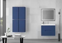 Mueble Suspendido 2 Cajones Frente Fresado De MDF 22 Mm Acabado Océano + Lavabo Cerámico Grosor 1,7 Cm Blanco Brillo – Kamet- DP Baños