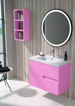 Mueble Suspendido 2 Cajones Frente Fresado Liso De MDF 22 Mm Acabado Rosa + Lavabo Cerámico Grosor 1,7 Cm Blanco Brillo – Sia – DP Baños