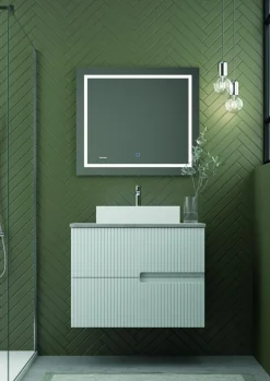 Mueble Suspendido 2 Cajones Frente Fresado Liso De MDF 22 Mm Acabado Gris Ral 7035 + Lavabo Cerámico Grosor 1,7 Cm Blanco Brillo – Maná – DP Baños