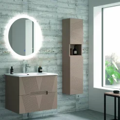 Mueble Suspendido 2 Cajones Frente Fresado De MDF 22 Mm Acabado Moka + Lavabo Cerámico Grosor 1,7 Cm Blanco Brillo – Istor- DP Baños