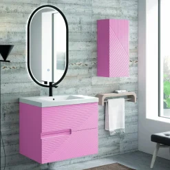 Mueble Suspendido 2 Cajones Frente Fresado De MDF 22 Mm Acabado Rosa + Lavabo Cerámico Grosor 1,7 Cm Blanco Brillo – Rimo – DP Baños