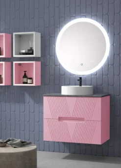 Mueble Suspendido 2 Cajones Frente Fresado De MDF 22 Mm Acabado Rosa + Lavabo Cerámico Grosor 1,7 Cm Blanco Brillo – Istor- DP Baños