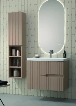 Mueble Suspendido 2 Cajones Frente Fresado De MDF 22 Mm Acabado Moka + Lavabo Cerámico Grosor 1,7 Cm Blanco Brillo – Abi – DP Baños