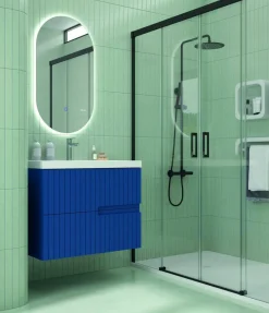 Mueble Suspendido 2 Cajones Frente Fresado De MDF 22 Mm Acabado Océano + Lavabo Cerámico Grosor 1,7 Cm Blanco Brillo – Abi – DP Baños