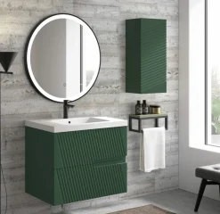 Mueble Suspendido 2 Cajones Frente Fresado Liso De MDF 22 Mm Acabado Oliva + Lavabo Cerámico Grosor 1,7 Cm Blanco Brillo – Saser – DP Baños
