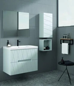Mueble Suspendido 2 Cajones Frente Fresado De MDF 22 Mm Acabado Gris Ral 7035 + Lavabo Cerámico Grosor 1,7 Cm Blanco Brillo – Nanda – DP Baños