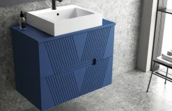 Mueble Suspendido 2 Cajones Frente Fresado De MDF 22 Mm Acabado Océano + Lavabo Cerámico Grosor 1,7 Cm Blanco Brillo – Istor- DP Baños
