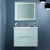 Mueble Suspendido 2 Cajones Frente Fresado De MDF 22 Mm Acabado Gris Ral 7035 + Lavabo Cerámico Grosor 1,7 Cm Blanco Brillo – Istor- DP Baños