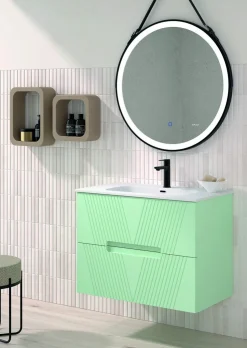 Mueble Suspendido 2 Cajones Frente Fresado De MDF 22 Mm Acabado Mint + Lavabo Cerámico Grosor 1,7 Cm Blanco Brillo – Istor- DP Baños