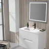 Mueble Suspendido 2 Cajones Frente Fresado De MDF 22 Mm Acabado Beige + Lavabo Cerámico Grosor 1,7 Cm Blanco Brillo – Kamet- DP Baños