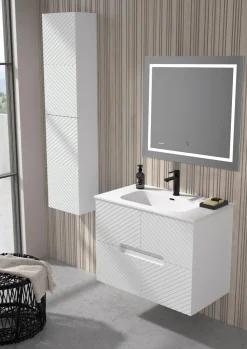 Mueble Suspendido 2 Cajones Frente Fresado De MDF 22 Mm Acabado Beige + Lavabo Cerámico Grosor 1,7 Cm Blanco Brillo – Kamet- DP Baños