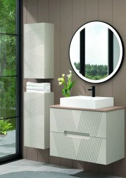 Mueble Suspendido 2 Cajones Frente Fresado De MDF 22 Mm Acabado Beige + Lavabo Cerámico Grosor 1,7 Cm Blanco Brillo – Istor- DP Baños
