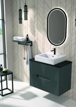 Mueble Suspendido 2 Cajones Frente Fresado De MDF 22 Mm Acabado Antracita + Lavabo Cerámico Grosor 1,7 Cm Blanco Brillo – Istor- DP Baños