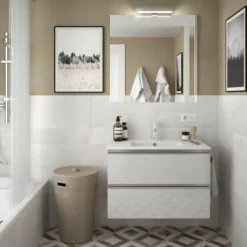 Mueble Suspendido 2 Cajones 60 Cm Con Tirador En Cromo Brillo Y Lavabo Porcelana – Spirit – Salgar