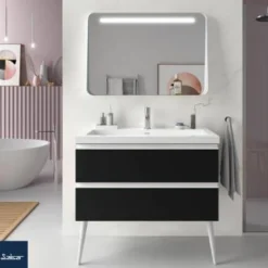 Mueble Suspendido 2 Cajones 60 Cm Con Tirador En Cromo Brillo Y Lavabo Porcelana – Spirit – Salgar