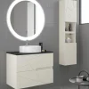 Mueble Suspendido 2 Cajones Frente Fresado Liso De MDF 22 Mm Acabado Beige + Lavabo Cerámico Grosor 1,7 Cm Blanco Brillo – Gurla – DP Baños