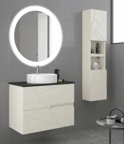 Mueble Suspendido 2 Cajones Frente Fresado Liso De MDF 22 Mm Acabado Beige + Lavabo Cerámico Grosor 1,7 Cm Blanco Brillo – Gurla – DP Baños