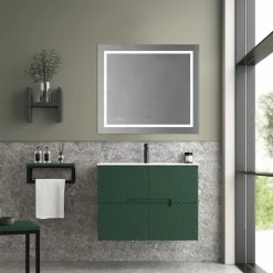 Mueble Suspendido 2 Cajones Frente Fresado De MDF 22 Mm Acabado Oliva + Lavabo Cerámico Grosor 1,7 Cm Blanco Brillo – Kamet- DP Baños