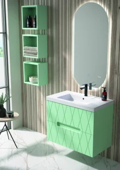 Mueble Suspendido 2 Cajones Frente Fresado De MDF 22 Mm Acabado MINT + Lavabo Cerámico Grosor 1,7 Cm Blanco Brillo – Nanda – DP Baños