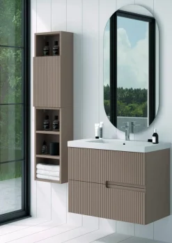Mueble Suspendido 2 Cajones Frente Fresado Liso De MDF 22 Mm Acabado Moka + Lavabo Cerámico Grosor 1,7 Cm Blanco Brillo – Maná – DP Baños