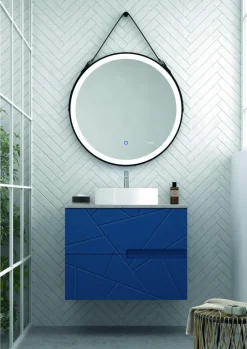Mueble Suspendido 2 Cajones Frente Fresado Liso De MDF 22 Mm Acabado Océano + Lavabo Cerámico Grosor 1,7 Cm Blanco Brillo – Gurla – DP Baños