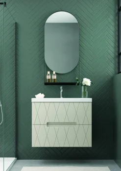Mueble Suspendido 2 Cajones Frente Fresado De MDF 22 Mm Acabado Beige + Lavabo Cerámico Grosor 1,7 Cm Blanco Brillo – Nanda – DP Baños